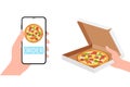 Ecommerce concept: order food online website. Fast food pizza delivery online service. Flat isometric vector illustration. Royalty Free Stock Photo